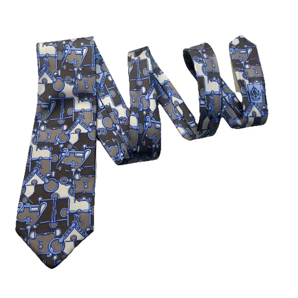 GUCCI Silk Tie Vintage Blue Brown Horsebit Equestrian Monogram ITALY Made NWOT